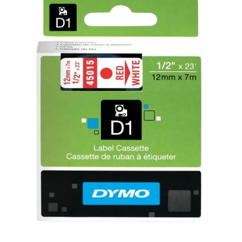 Dymo D1 45015 12 mm x 7 m Rød tekst / Hvid tape original (S0720550)