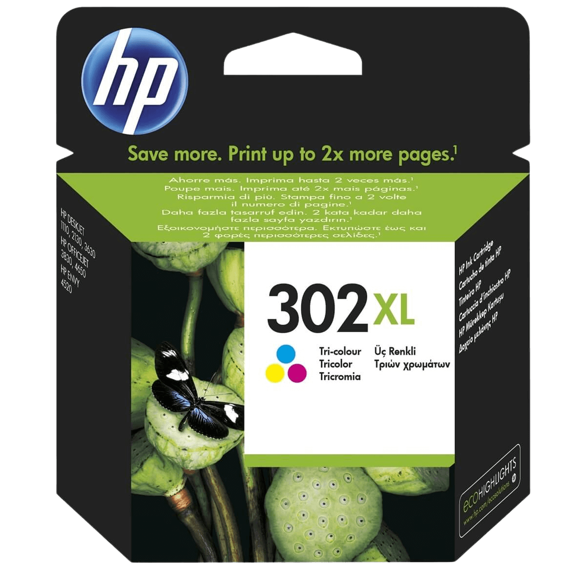 HP 302XL 3 farver i én original blækpatron 8 ml. (F6U67AE)